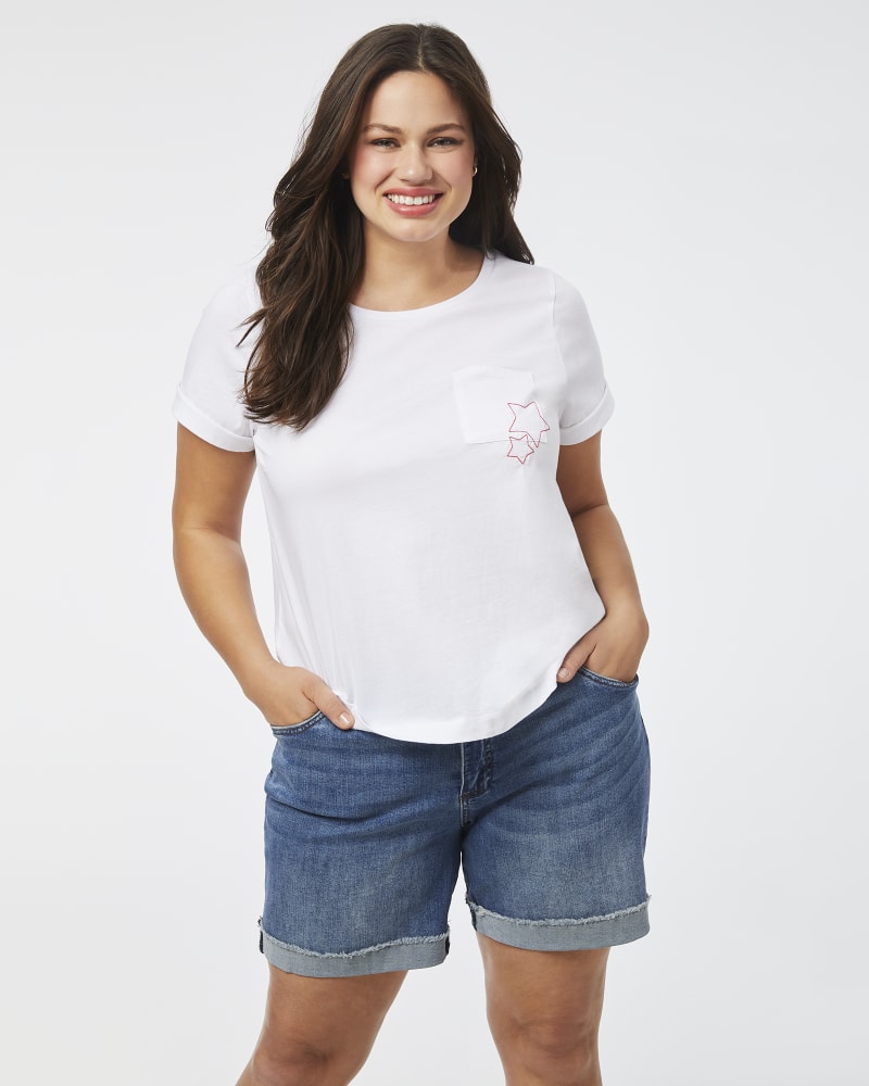 Plus size model with hourglass body shape wearing Eva Embroiderd Graphic Tee by Cameo | Dia&Co | dia_product_style_image_id:157171